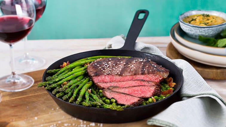 Steak s jarnou zeleninou z jednej panvice