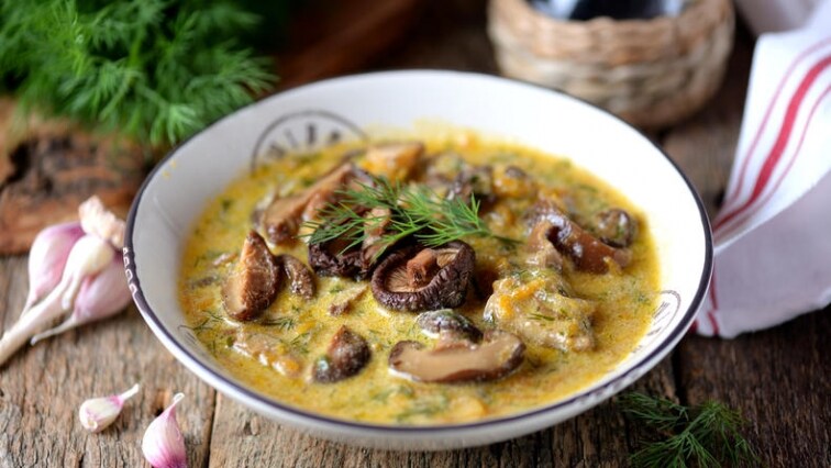 Houbová polévka s kuřecím masem a rýží