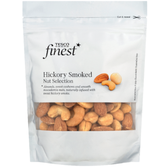 Tesco Finest Jádra mandlí, kešu ořechů a makadamových ořechů, pražená, uzená, solená