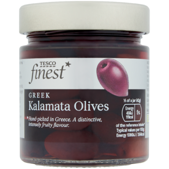 Tesco Finest Čierne Kalamata olivy s kôstkou v slanom náleve