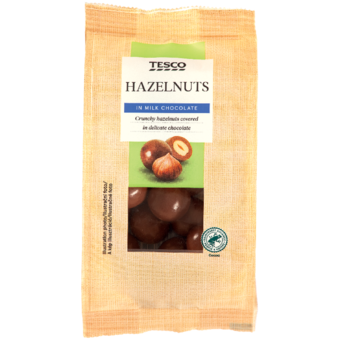 Tesco Pražené jadrá lieskových orieškov v mliečnej čokoláde
