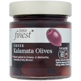 Tesco Finest Čierne Kalamata olivy s kôstkou v slanom náleve
