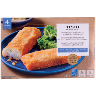 Tesco Obaľované rybie steaky so syrom a bylinkami
