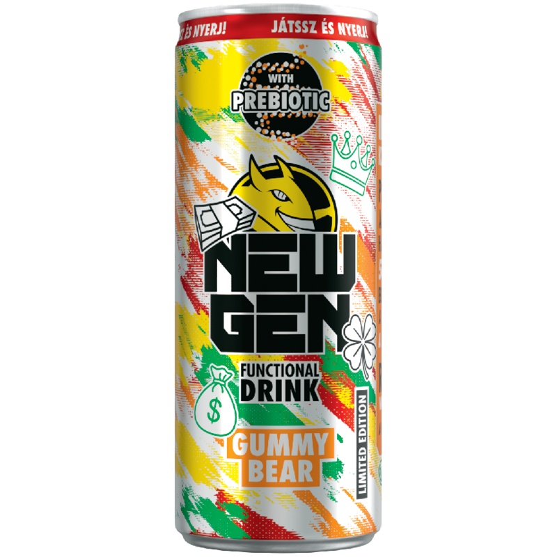 New Gen Gummy Bear Vegyesgyümölcs- és Tuttifruttiízű, Koffeintartalmú, Szénsavas Ital