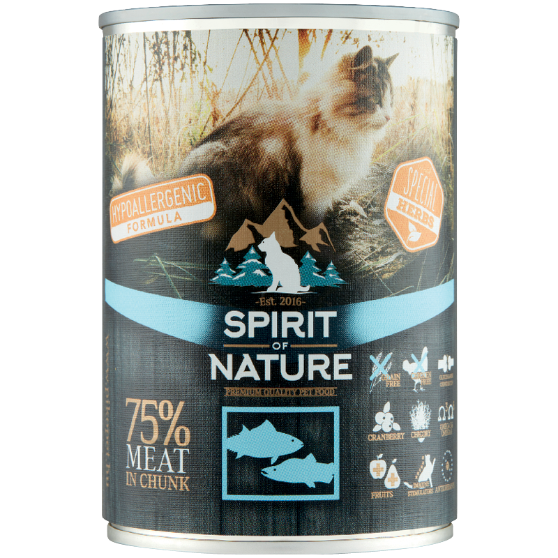 Spirit Of Nature Teljes értékű Hipoallergén Eledel Felnőtt Macskák Számára Tonhallal, Lazaccal