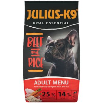 Julius-K9 Vital Essential teljes értékű szárazeledel allergiás kutyáknak marhával és rizzsel