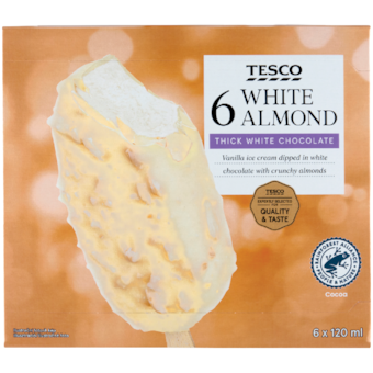 Tesco vaníliaízű jégkrém fehér csokoládé bevonatban manduladarabokkal