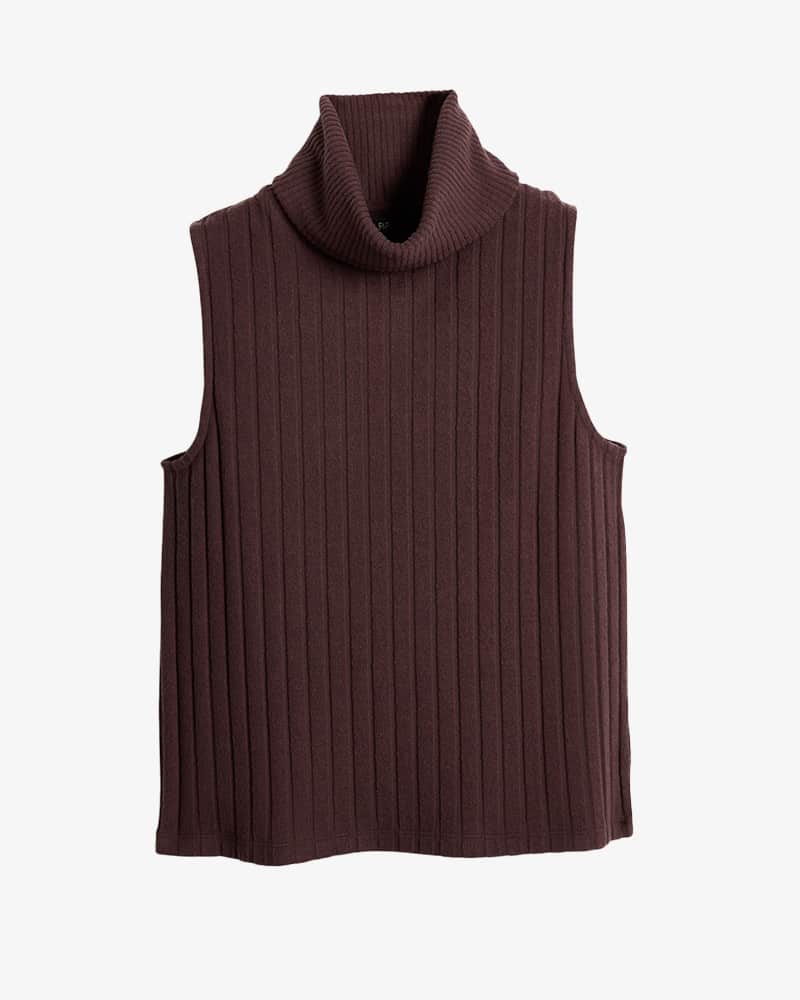 Chocolate brown ribbbed roll-neck sleeveless top.