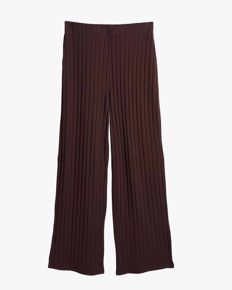 Chocolate brown ribbbed wide leg trousers.
