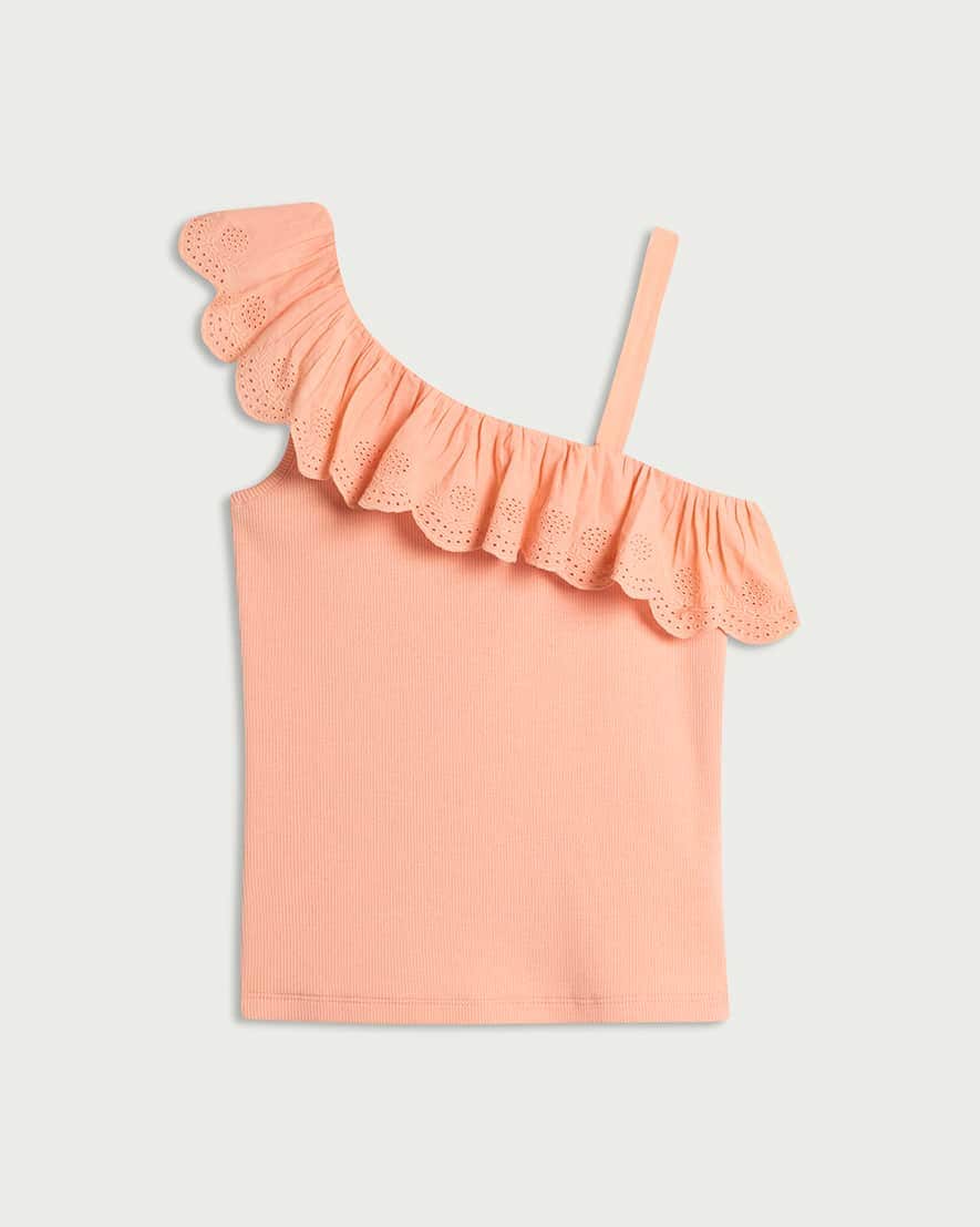 Older girls' coral pink ruffle neck one-shoulder top