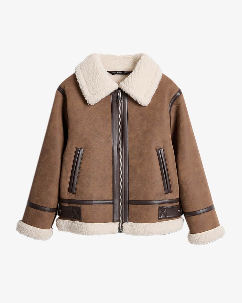 Fleece-lined brown aviator jacketwith zip-up front.