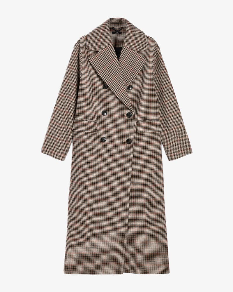 Brown formal check coat in maxi length.