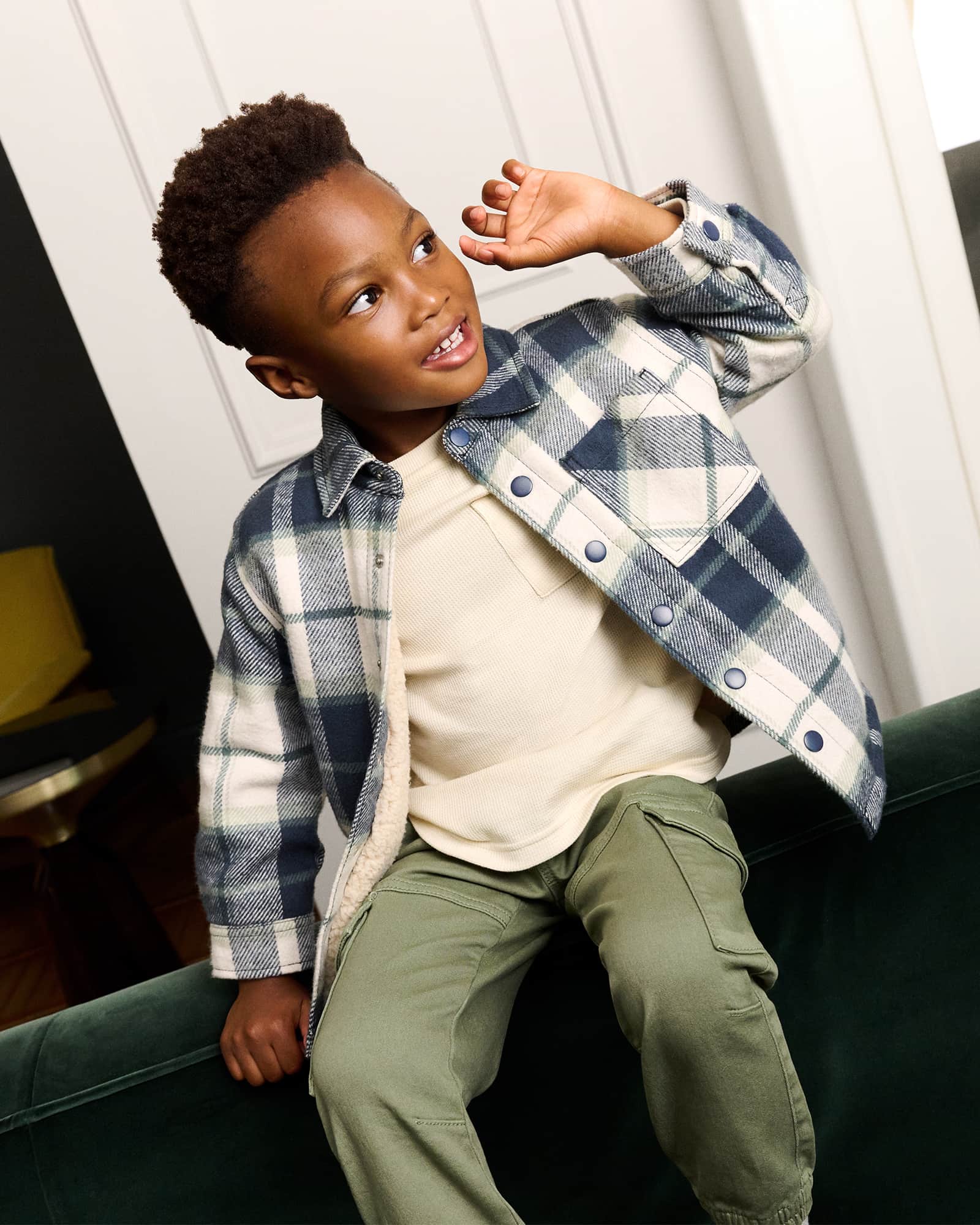 Long-sleeved borg lined blue check shacket.