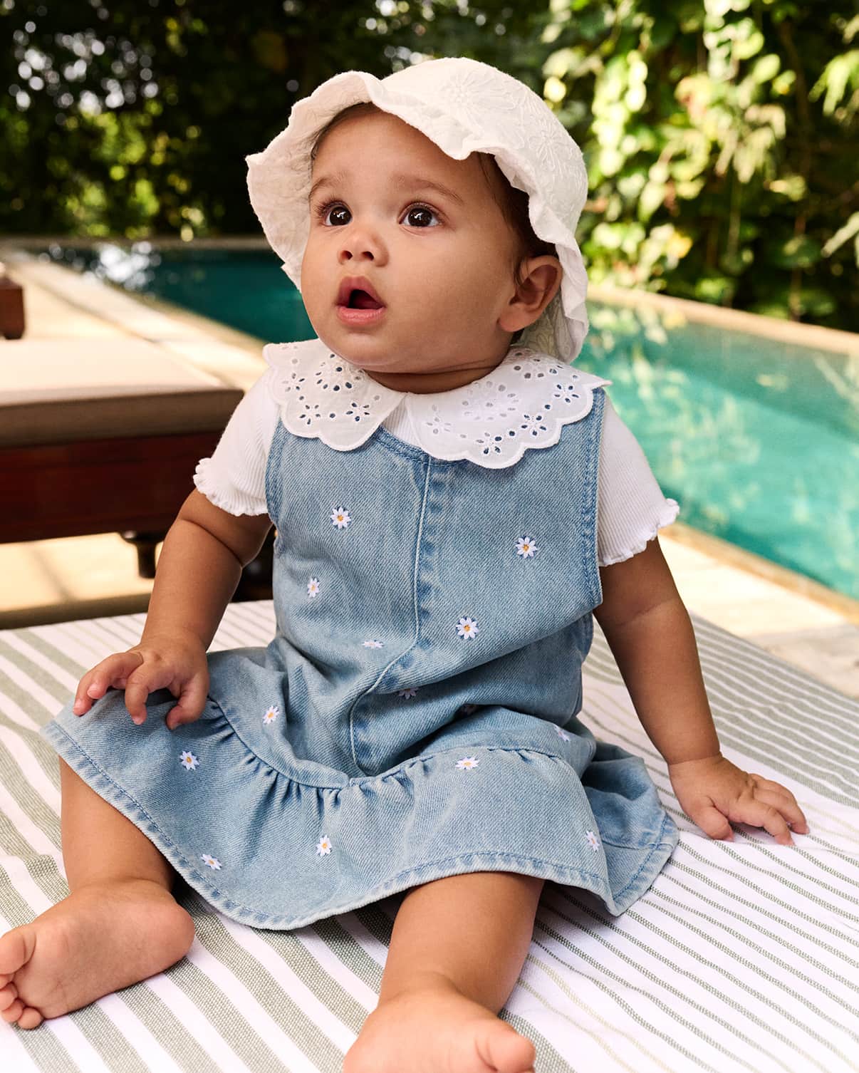 Baby girl daisy embroidered denim pinafore dress