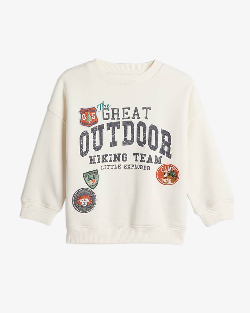 Cream crew neck sweatshirt with 'great outdoor hiking team' print.