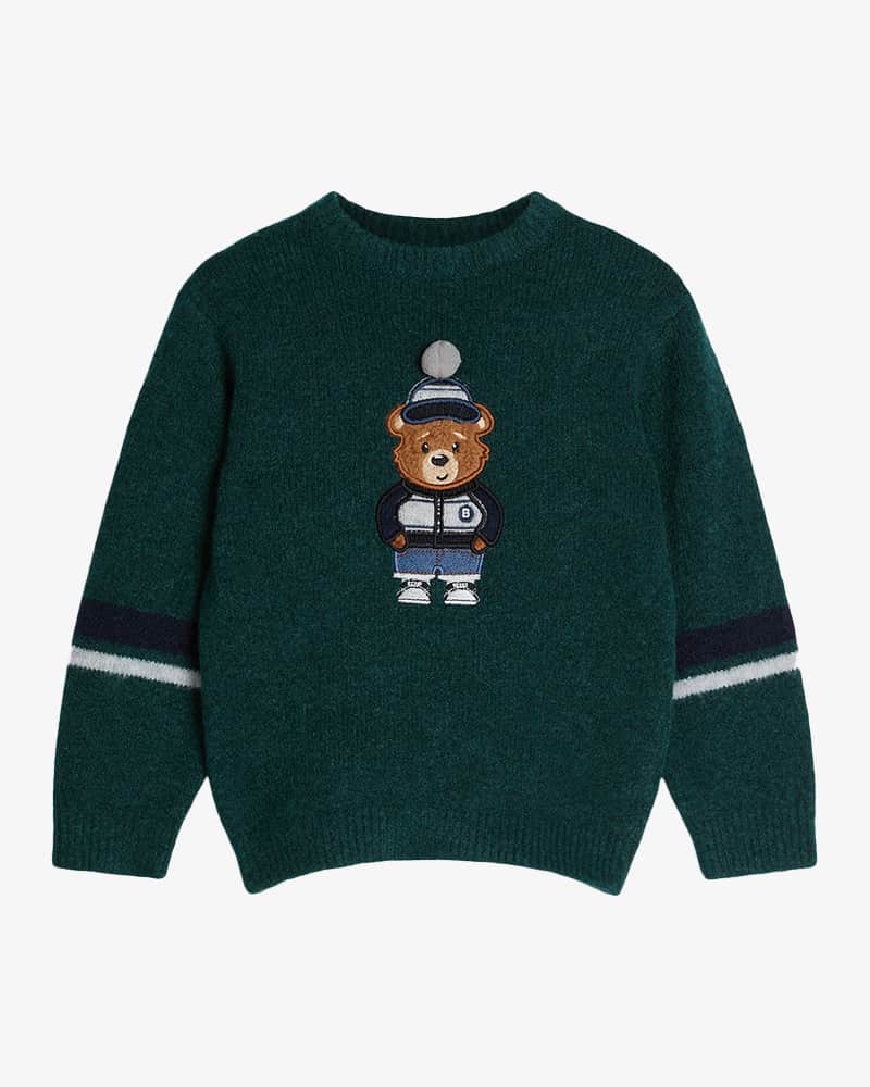 Green long-sleeved knitted jumper with bear design.