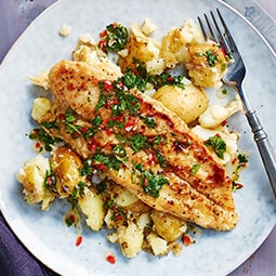 Pan-fried-basa fillets with garlic potatoes