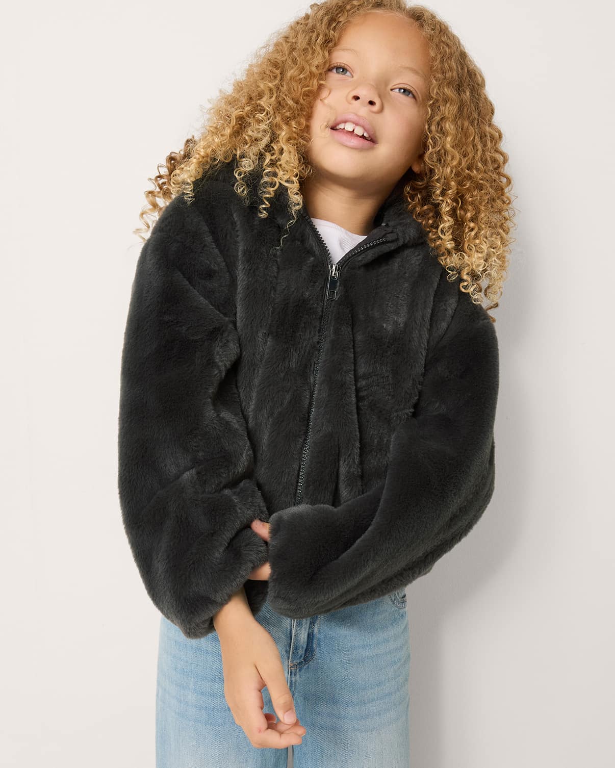 Grey faux fur hooded jacket