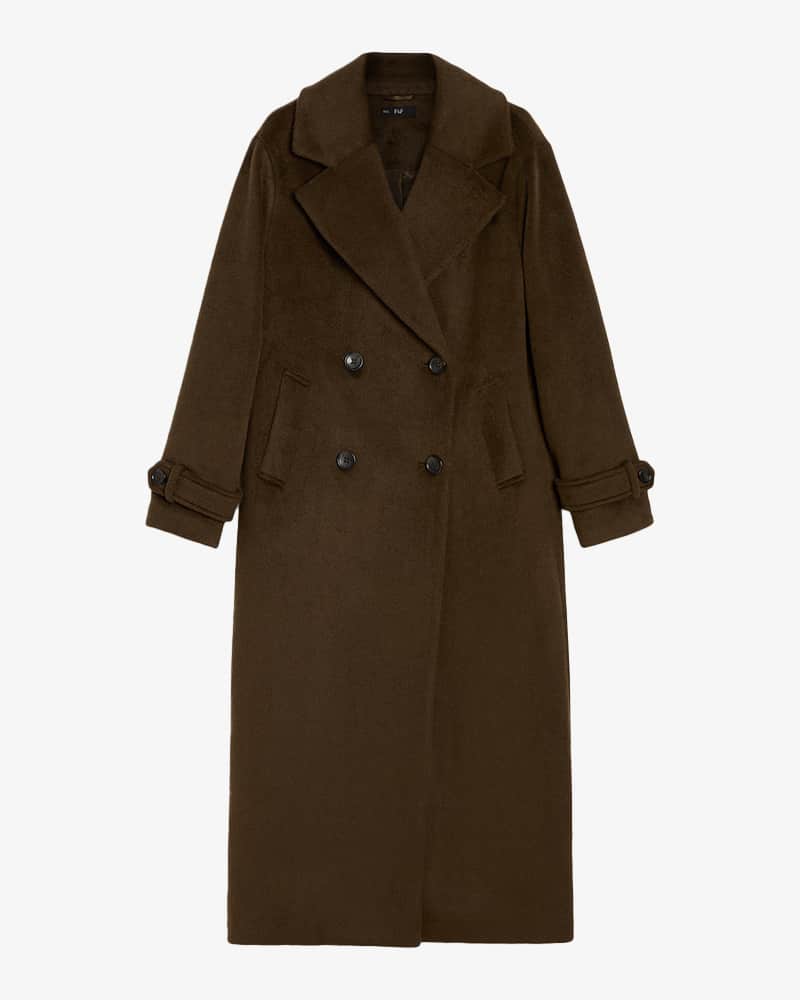 Thick and weighted button-up longline khaki coat with pockets.