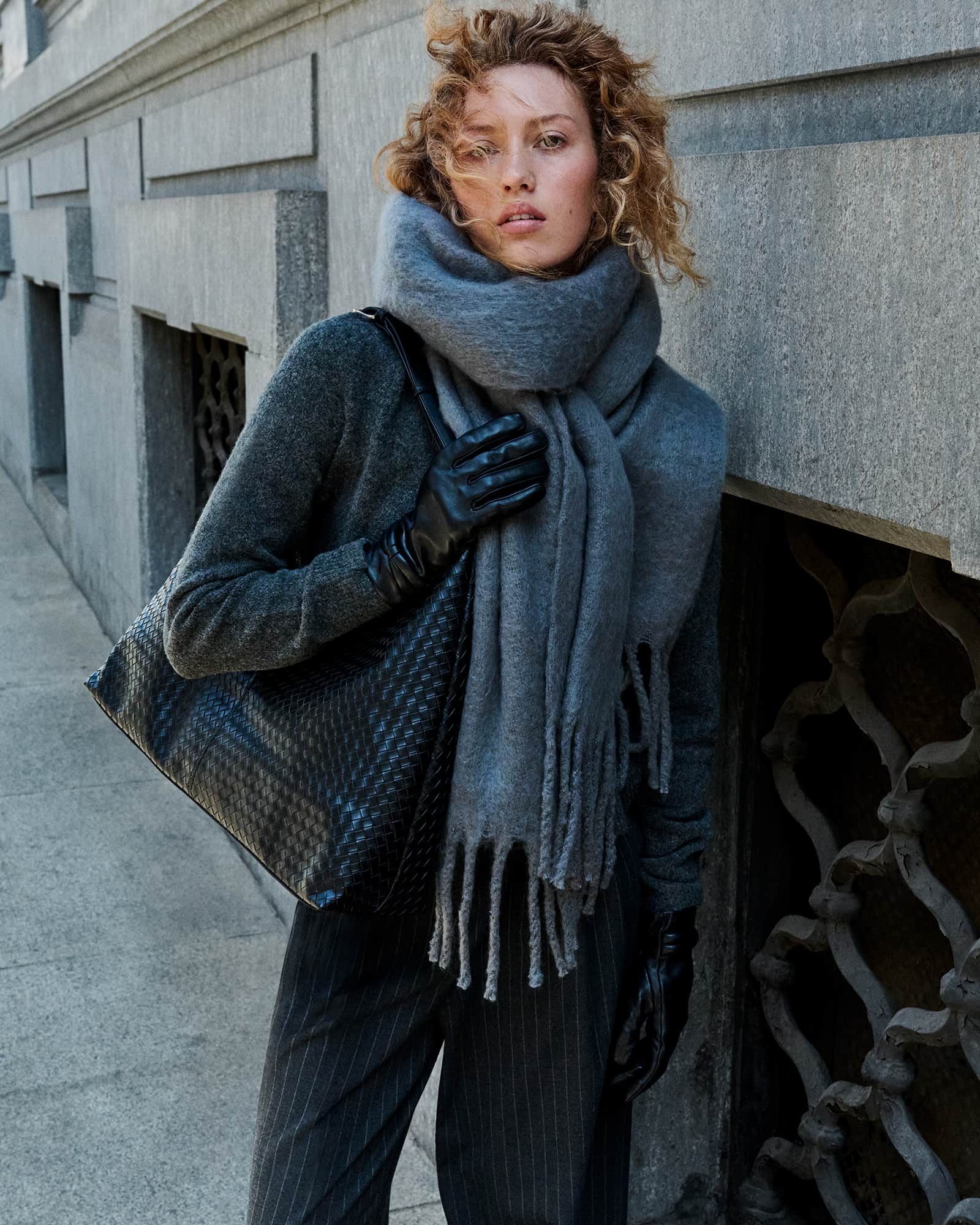 Long and thick grey winter scarf.
