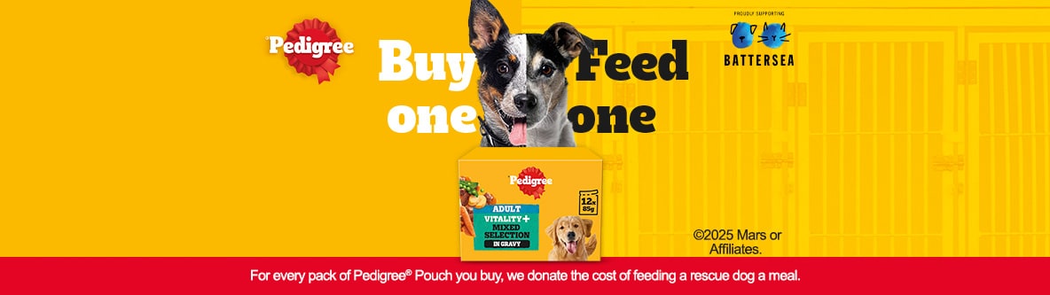  Pedigree Pouch Buy One Feed One. For every pack you buy, we donate the cost of feeding a rescue dog a meal. 