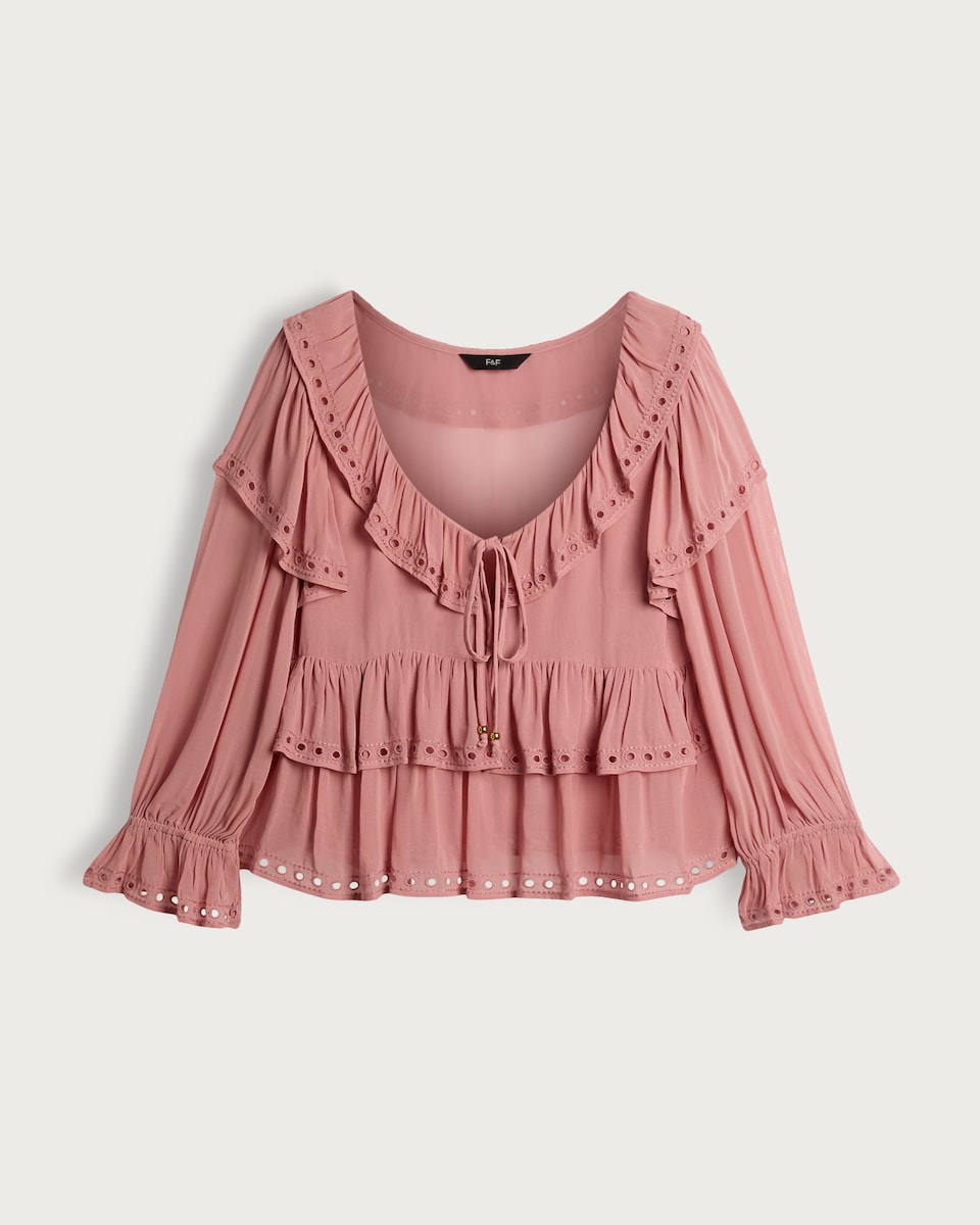 image 1 of F&F Ruffle Trim Detail Tie Neck Blouse in Pink