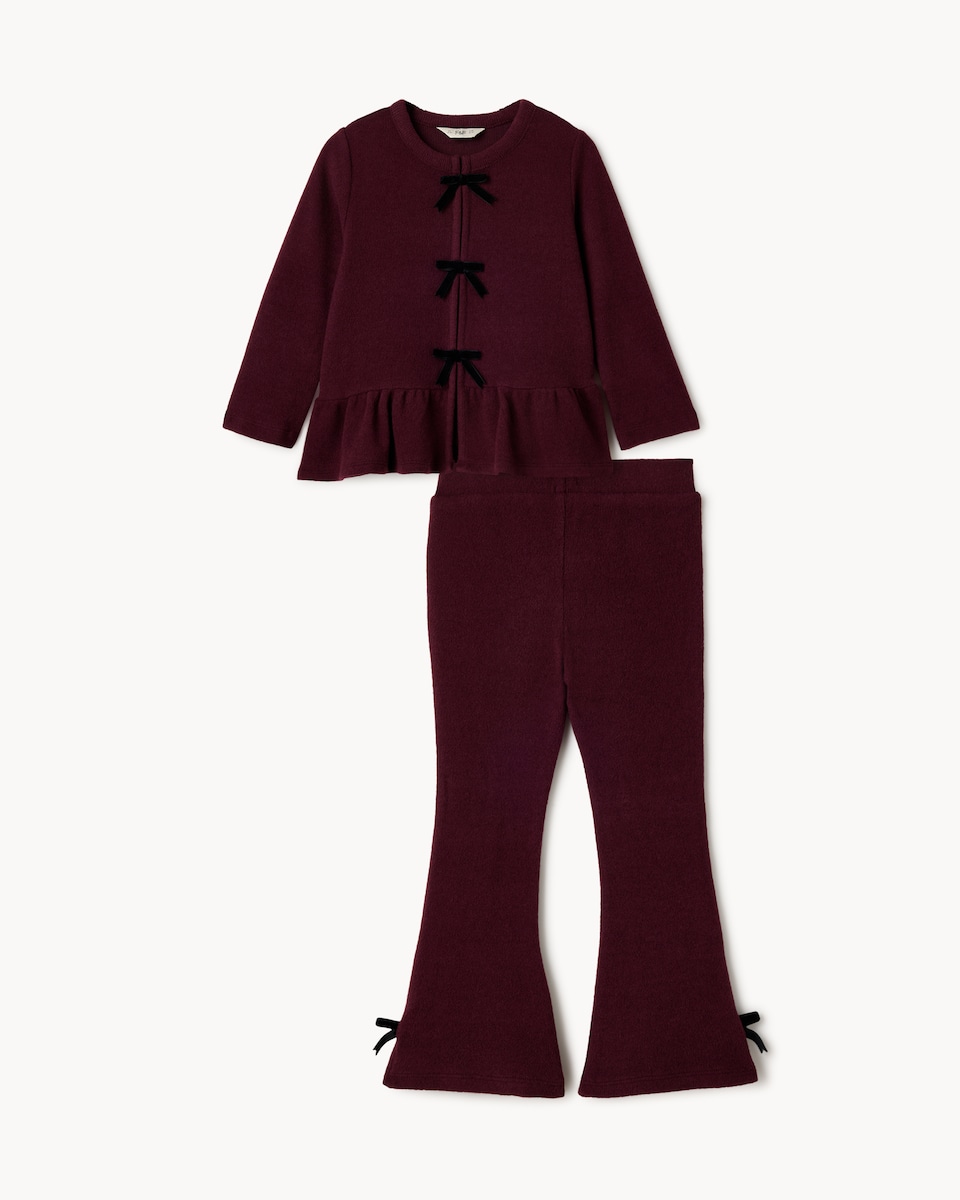 image 1 of F&F Girls Bow Top and Flared Leggings Set in Burgundy