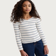 F&F Girls Cotton Rich Stripe Print Lace Trim Long Sleeved Top in Multi White