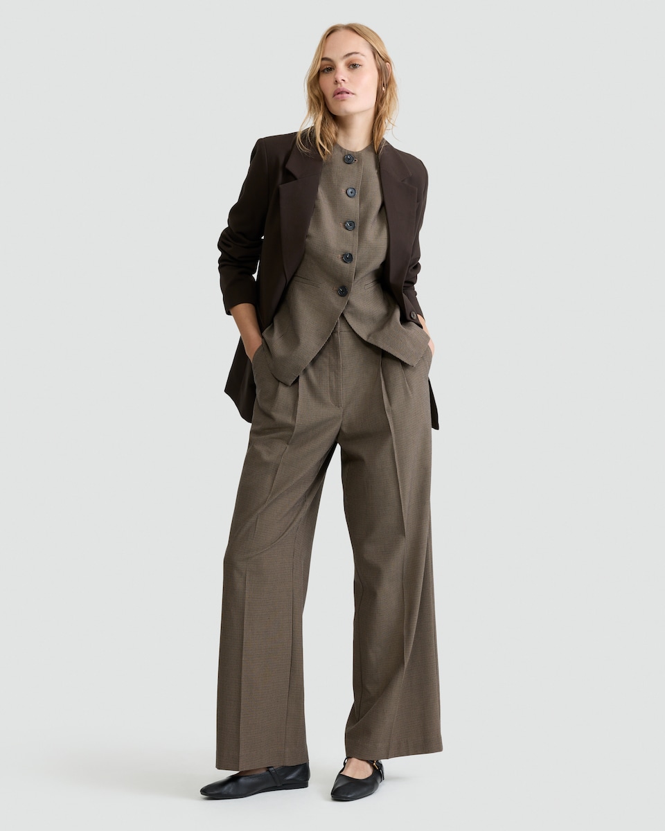 image 1 of F&F Check Print Pleated Wide Leg Co-ord Trousers in Brown