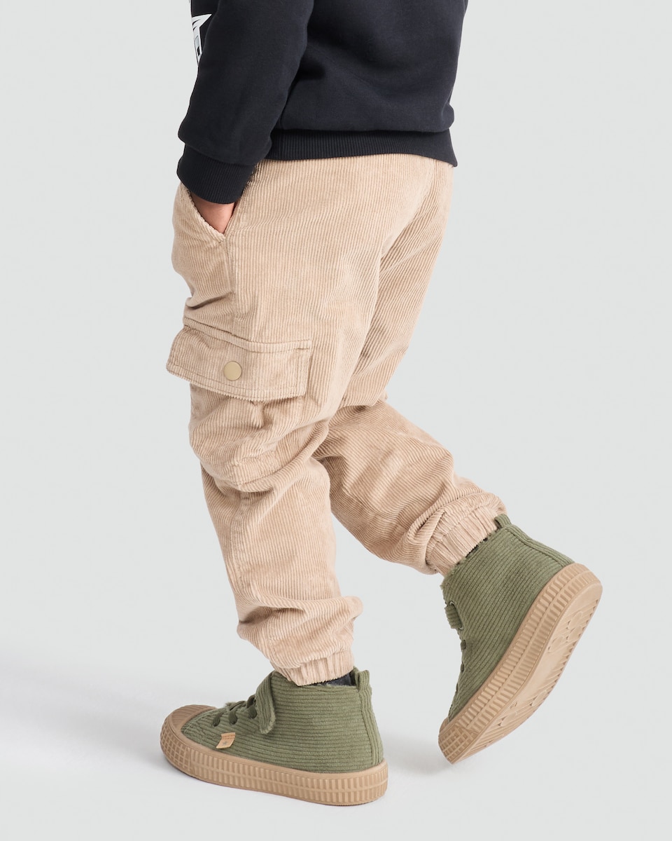 image 1 of F&F Boys Cotton Rich Corduroy Cuffed Cargo Trousers in Stone