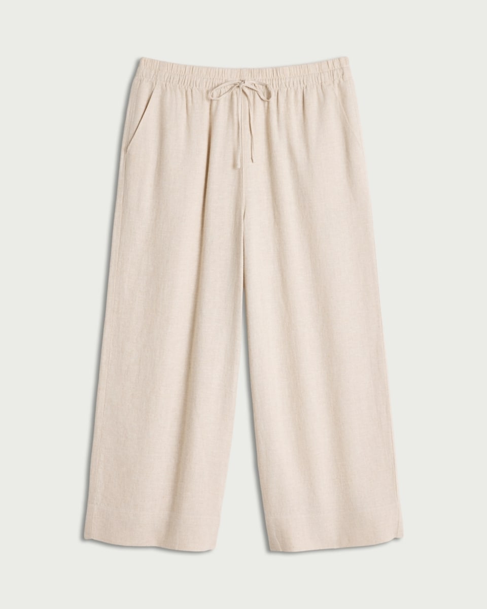 image 1 of F&F Linen Rich Wide Leg Cropped Drawstring Trousers in Beige