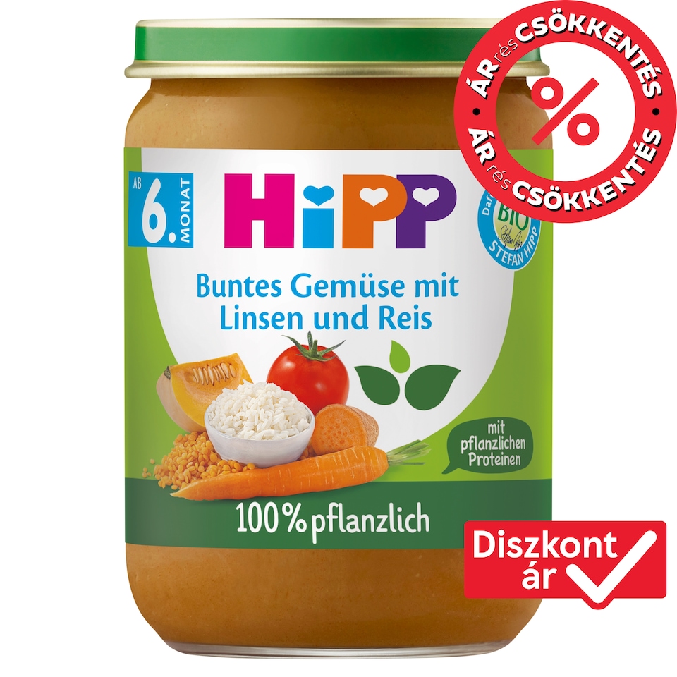 HiPP bio zöldségek lencsével, zöldséggel és rizzsel bébiétel 6 hónapos kortól 190 g 