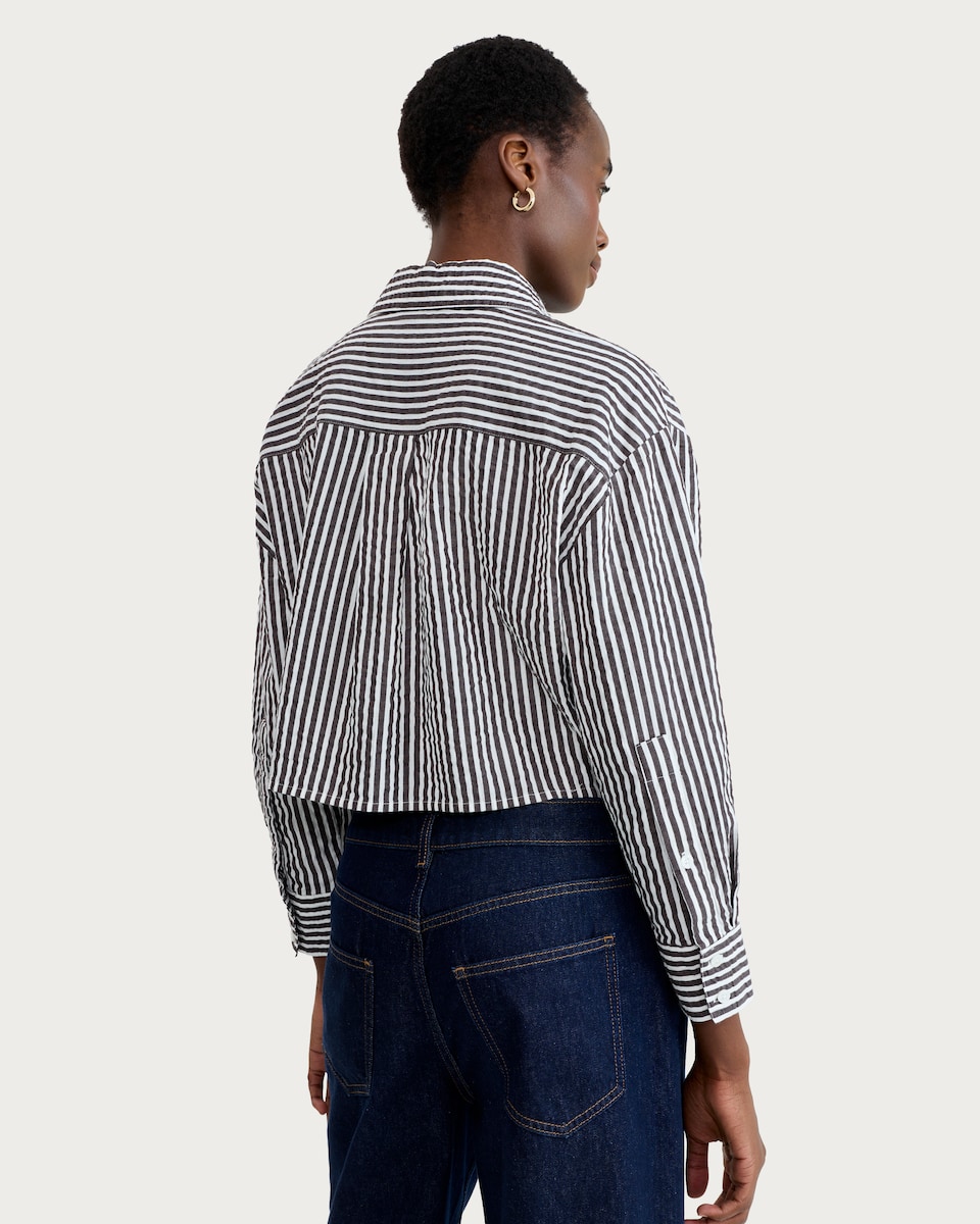 image 1 of F&F Pure Cotton Seersucker Striped Cropped Shirt in Navy