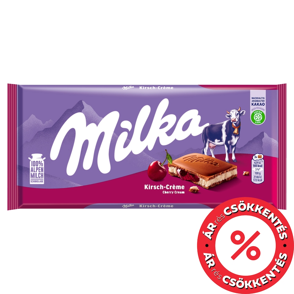 Milka alpesi tejcsokoládé meggyízű tejes krémtöltelékkel és meggyes gyümölcskrémmel 100 g