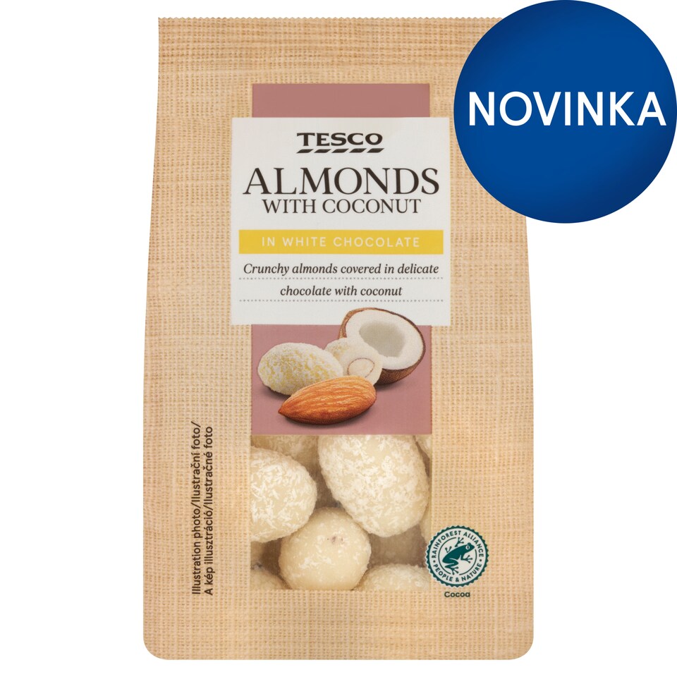 Tesco Pražené jadrá mandlí v bielej čokoláde s kokosom 120 g