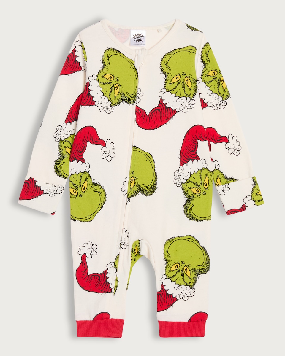 image 1 of The Grinch Print Pure Cotton Sleepsuit in White