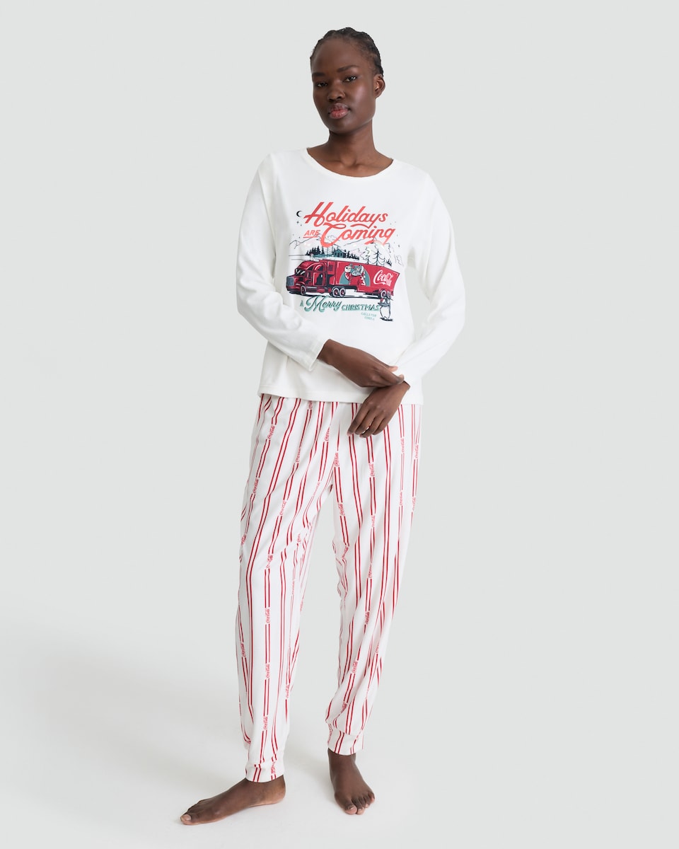 image 1 of Coca-Cola Holidays Are Coming Pyjama Set in Multi White
