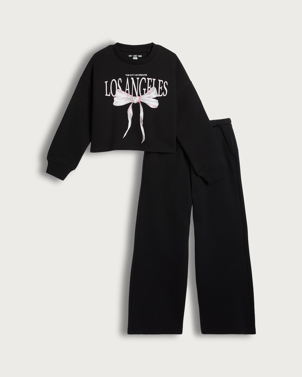 image 1 of F&F Girls 2-Piece Cotton Rich Los Angeles Sweatshirt and Joggers Set in Black