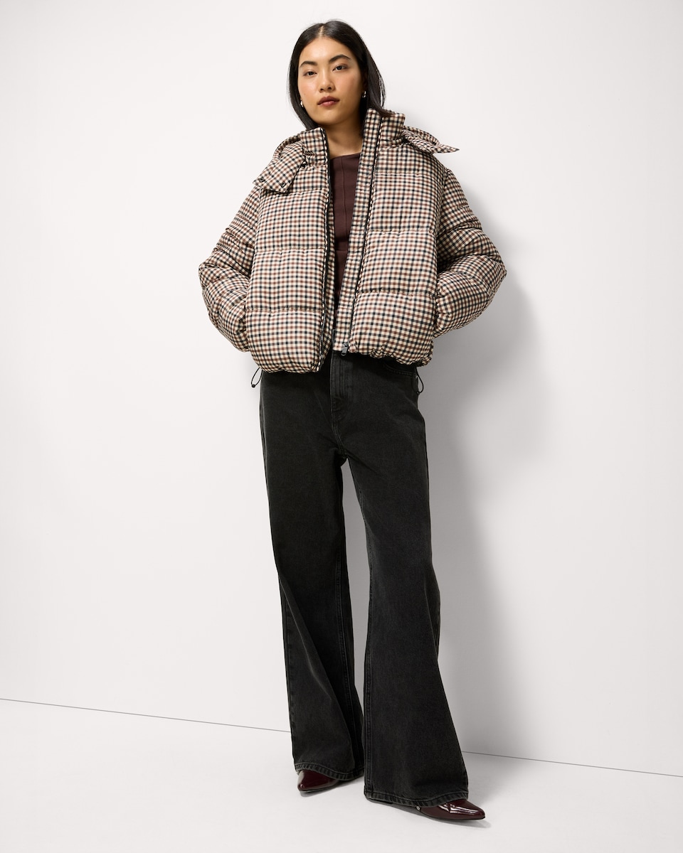 image 1 of F&F Check Padded Zip Up Coat in Multi Brown