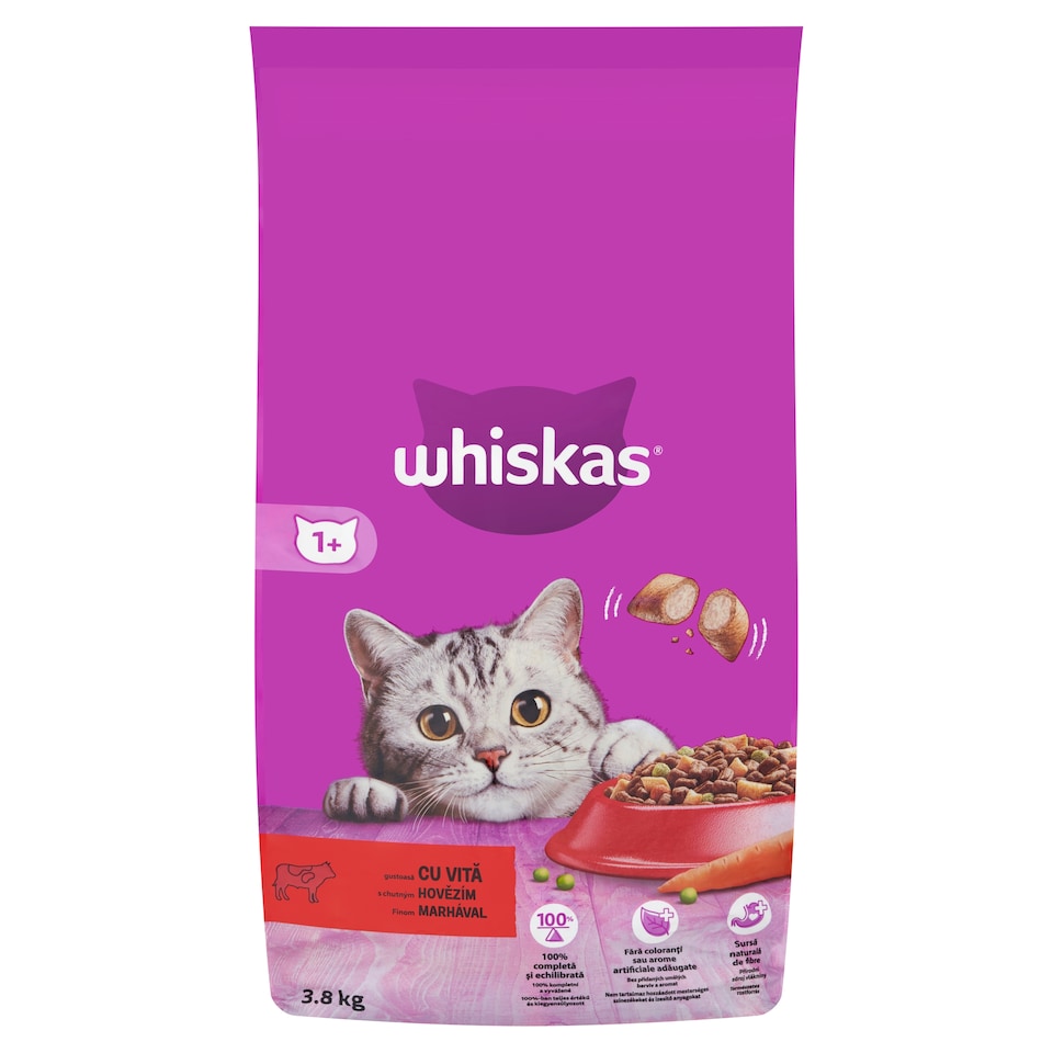 Whiskas 1+ teljes értékű szárazeledel felnőtt macskák számára marhával 3,8 kg  1. kép