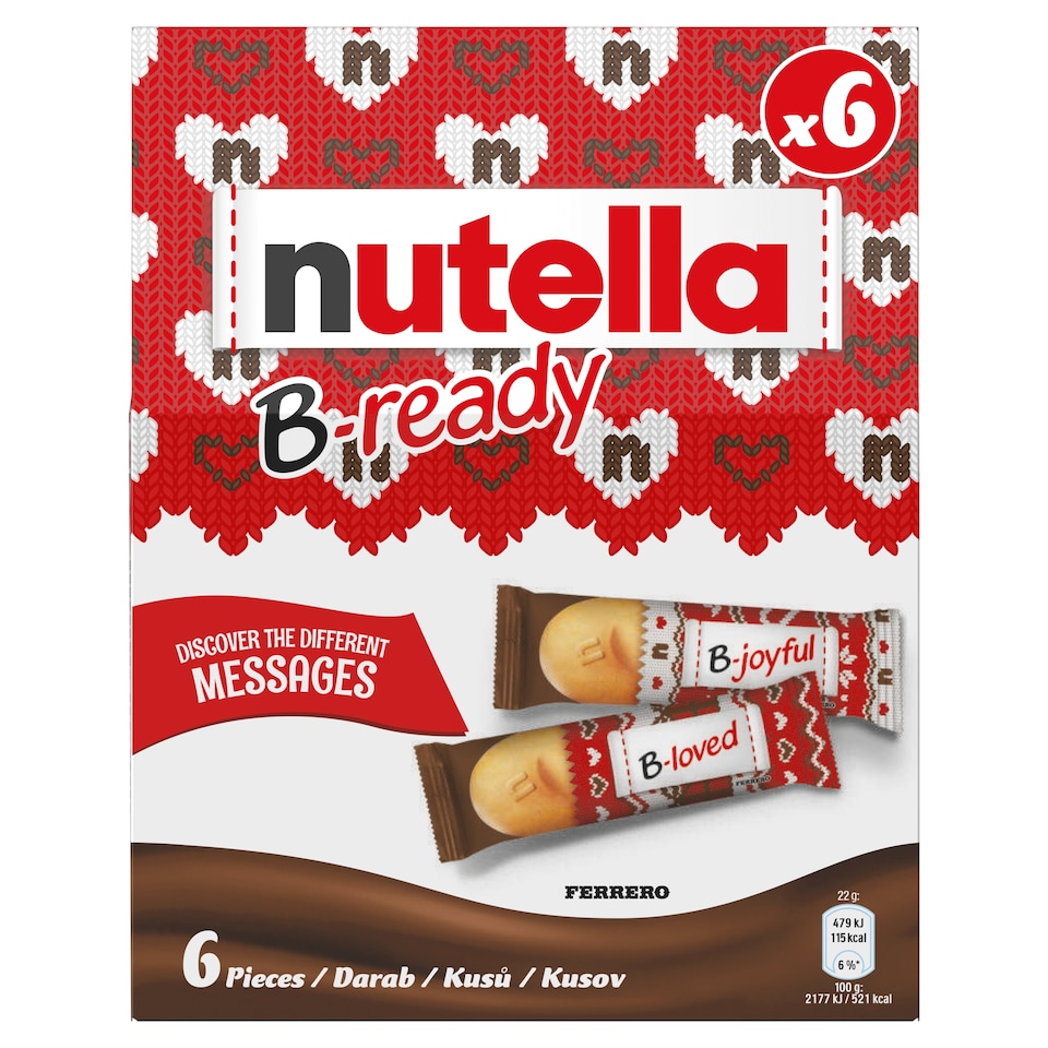 Obrázek 1 pro produkt Nutella B-ready Křupavá oplatka plněná lískooříškovou pomazánkou s kakaem a křupkami 6 x 22g