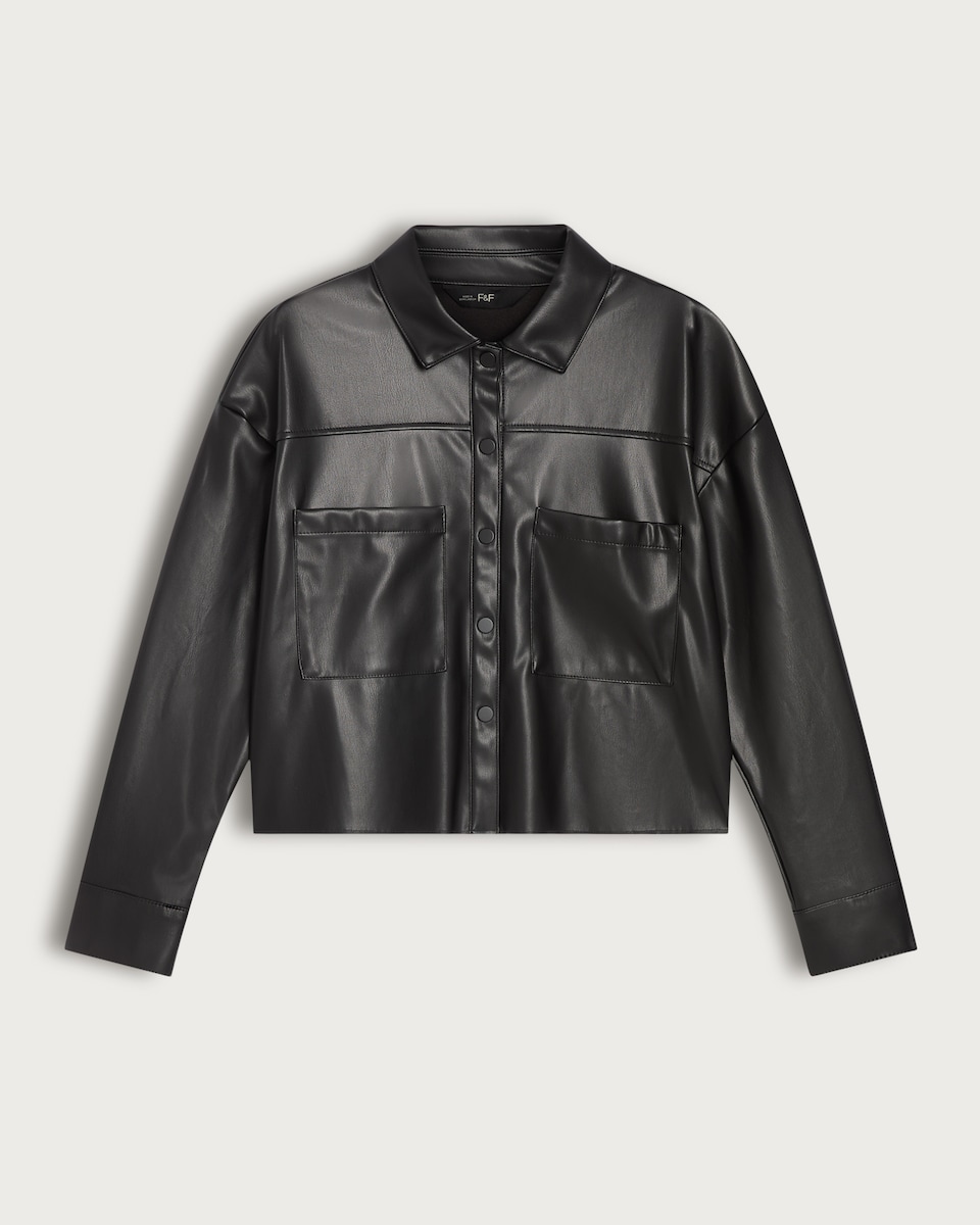 F&F Faux Leather Button Up Collared Shirt in Black