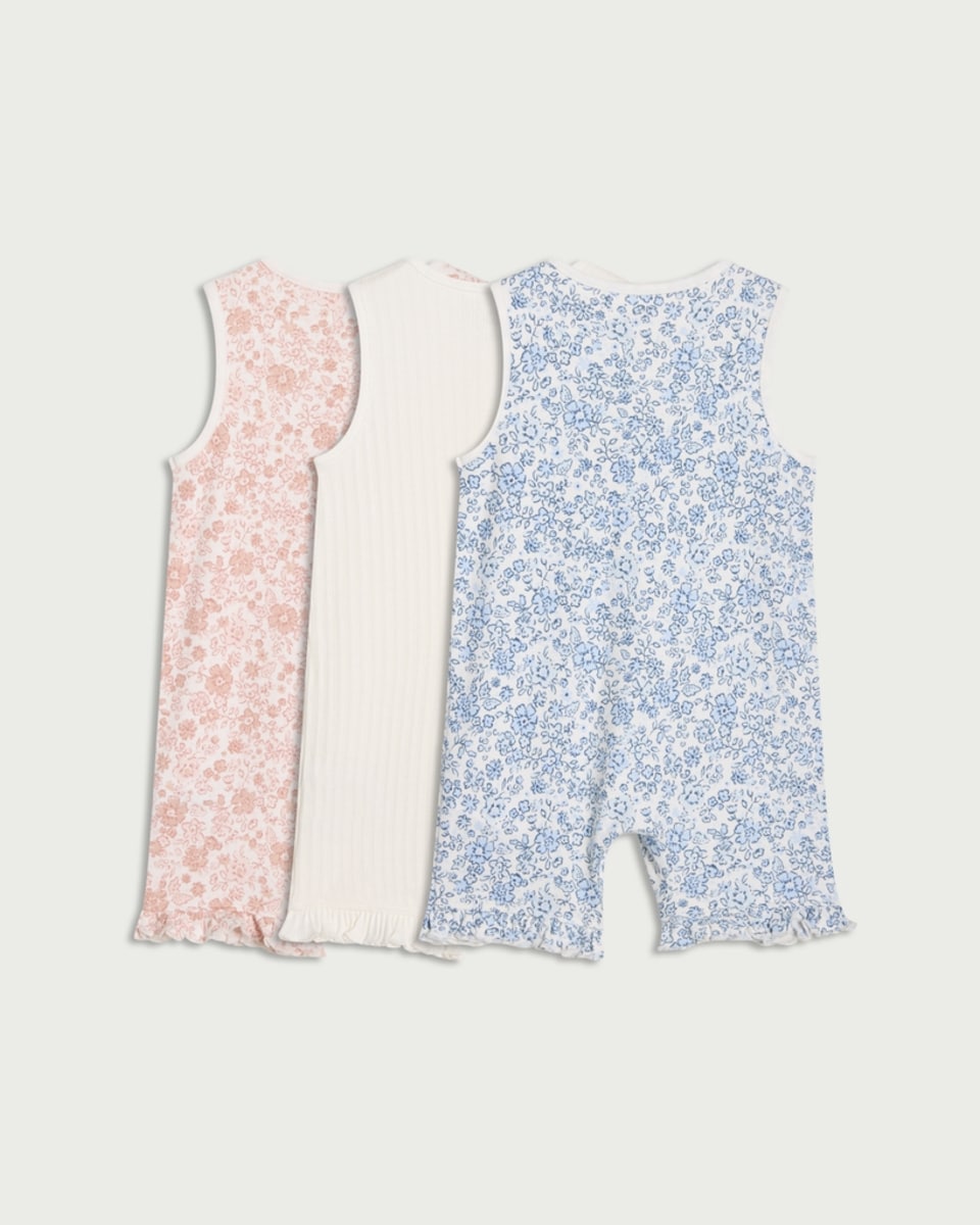 image 1 of F&F Baby 3-Pack Pure Cotton Floral Print Sleeveless Rompers in White