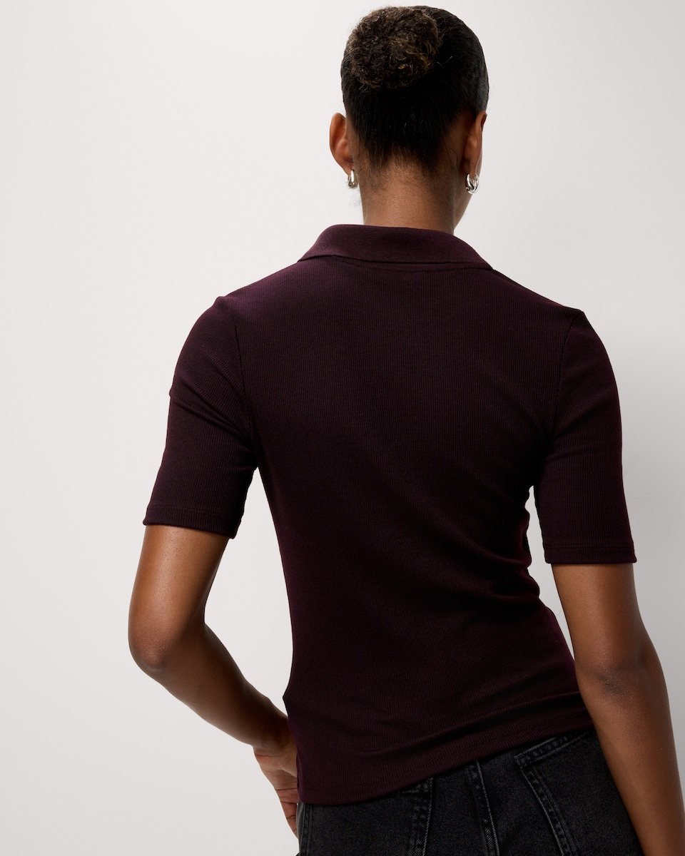 image 1 of F&F Ribbed Short Sleeved Polo Top in Brown