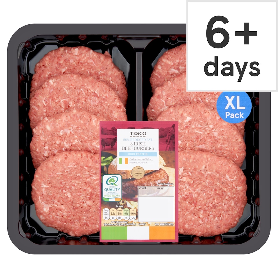 Tesco 50% Reduced Fat 8 Irish Beef Burgers 908G