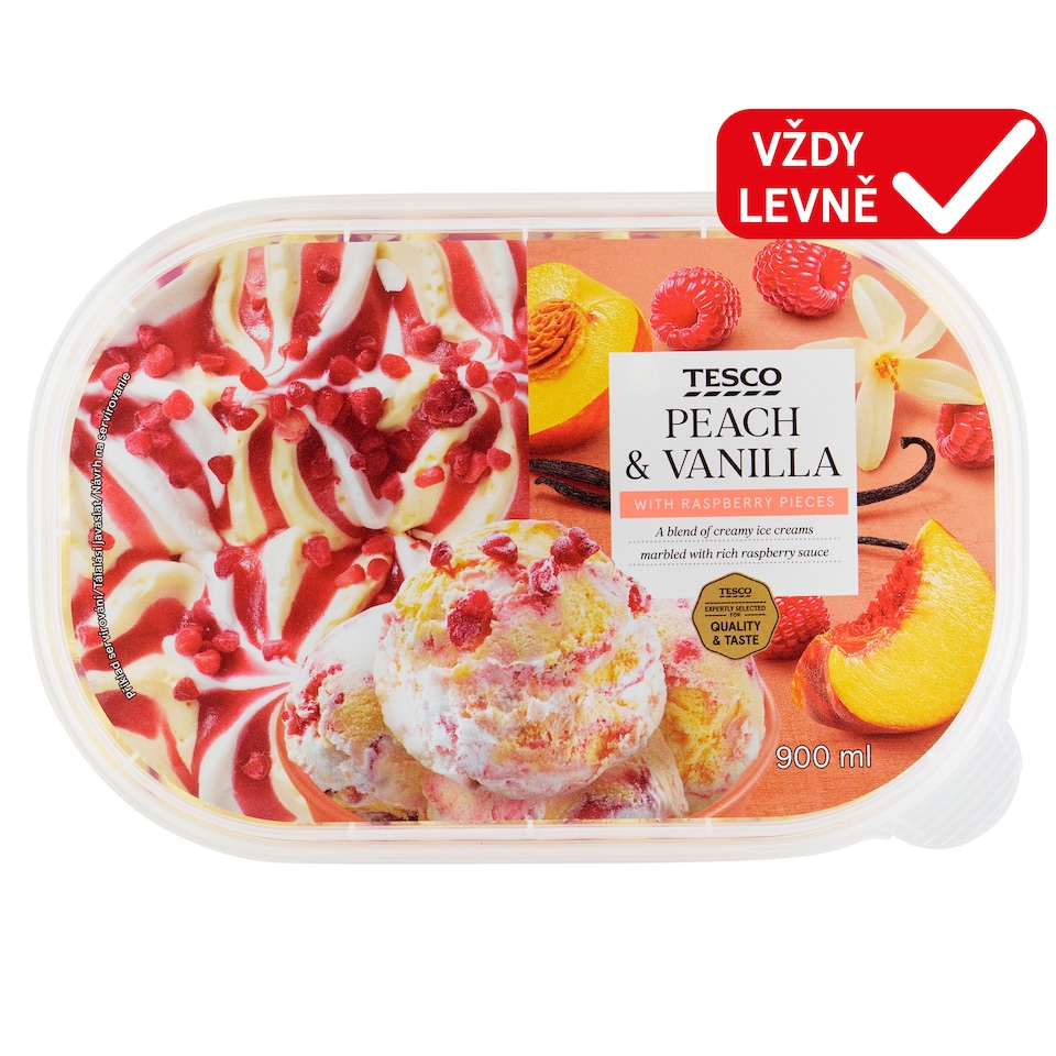 Tesco Peach & Vanilla with Raspberry Pieces 900ml