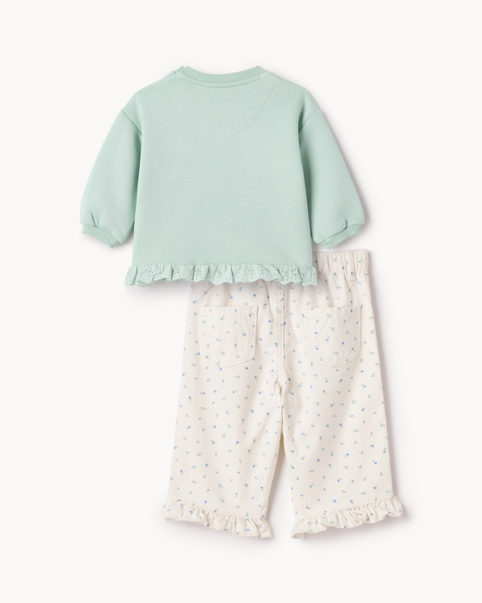 image 1 of F&F Baby 2-Piece Cotton Rich Heart Sweatshirt and Floral Trousers Set in Mint