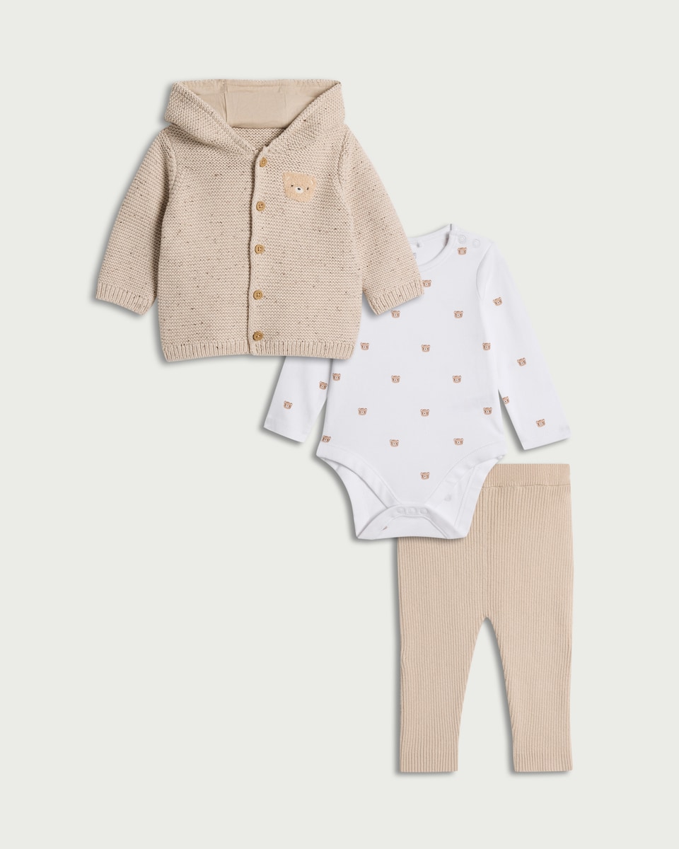 image 1 of F&F Baby 3-Piece Bear Knitted Cardigan, Bodysuit and Leggings Set in Neutral