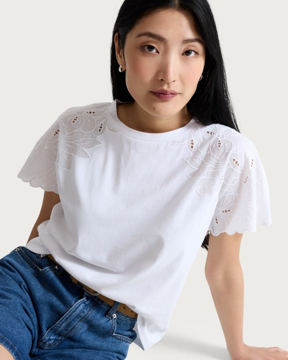 image 1 of F&F Pure Cotton Embroidered Sleeved T-Shirt in White