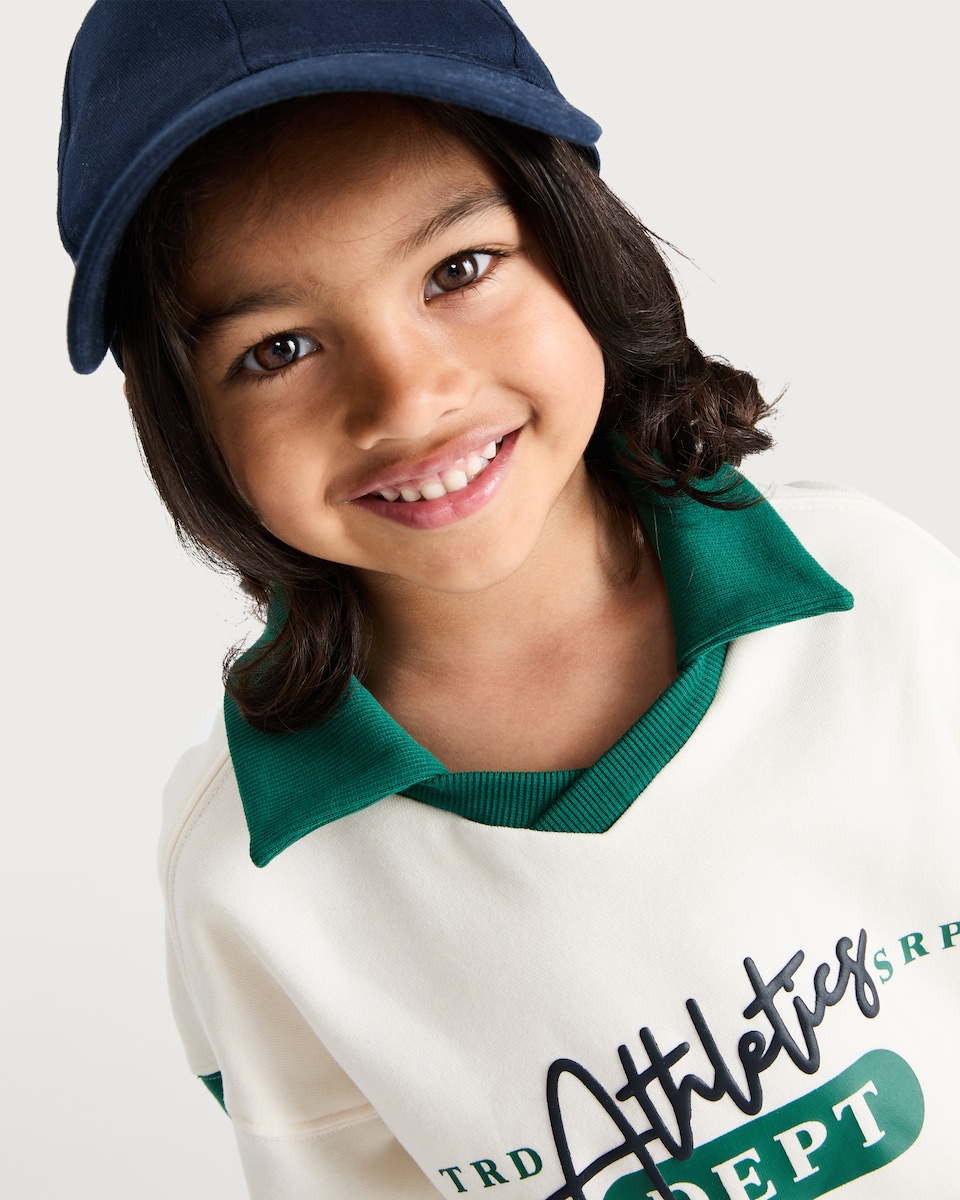 image 1 of F&F Boys Cotton Rich Athletics Dept Slogan Rugby Sweatshirt in Cream